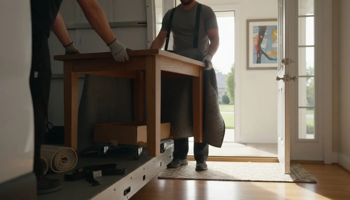 Et træbord bliver båret fra en åben flyttevogn ind i et hus, pakket i flyttetæpper og sikret med bærestropper.