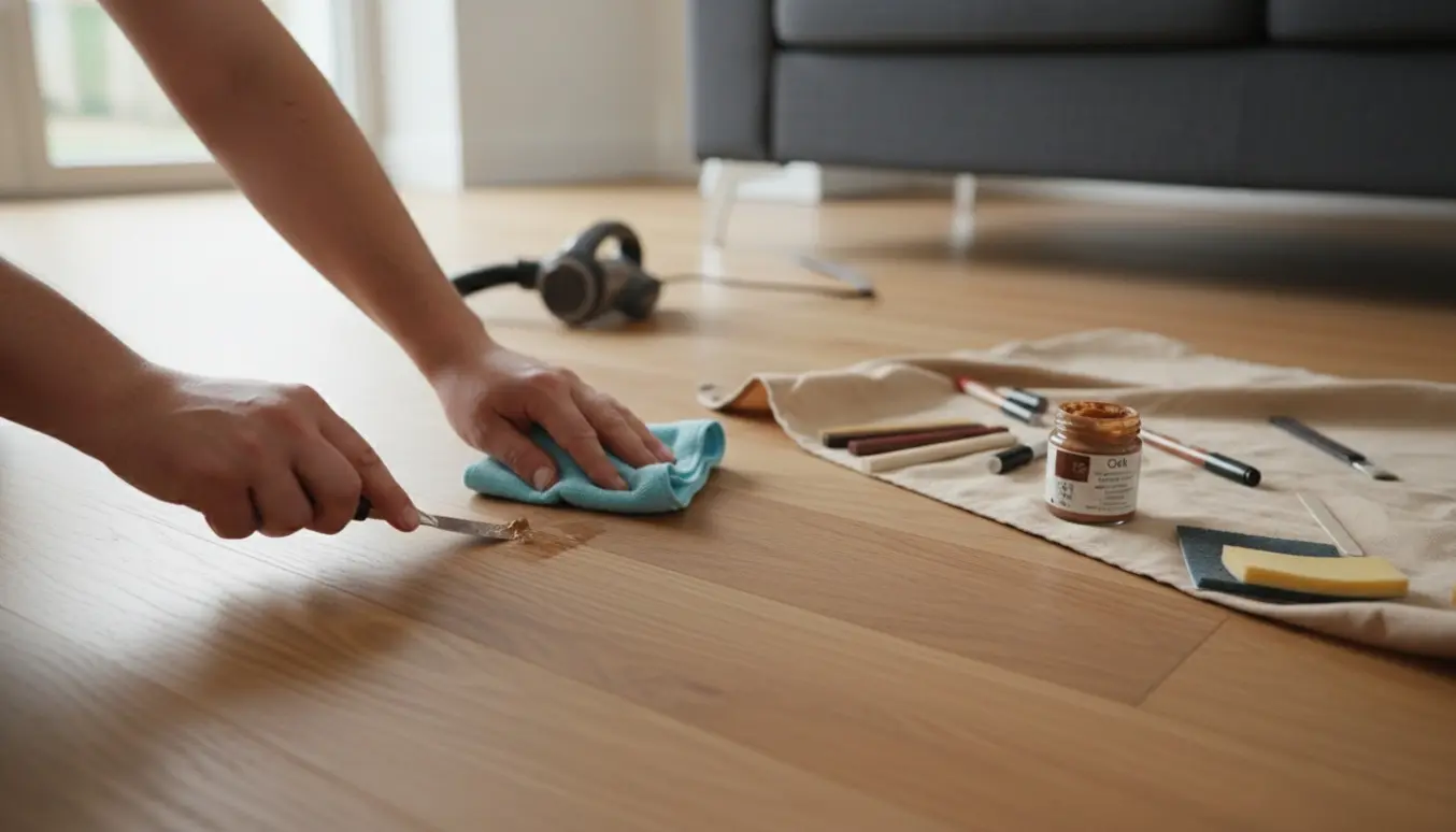 Hænder reparerer en ridse i et trægulv med spartel og klud i en lys stue.