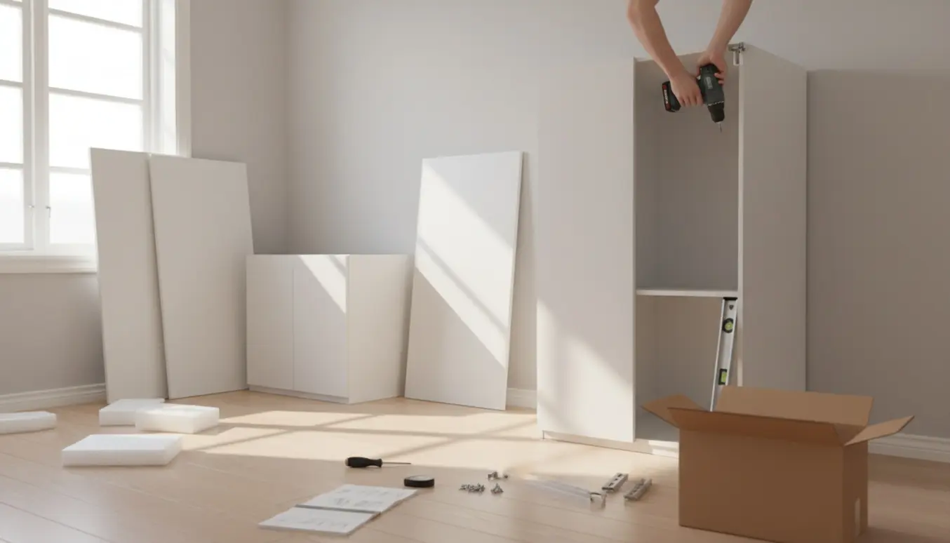 To PAX-garderober samles og fastgøres i et lyst, skandinavisk soveværelse, med hænder der bruger en boremaskine til at montere beslag.