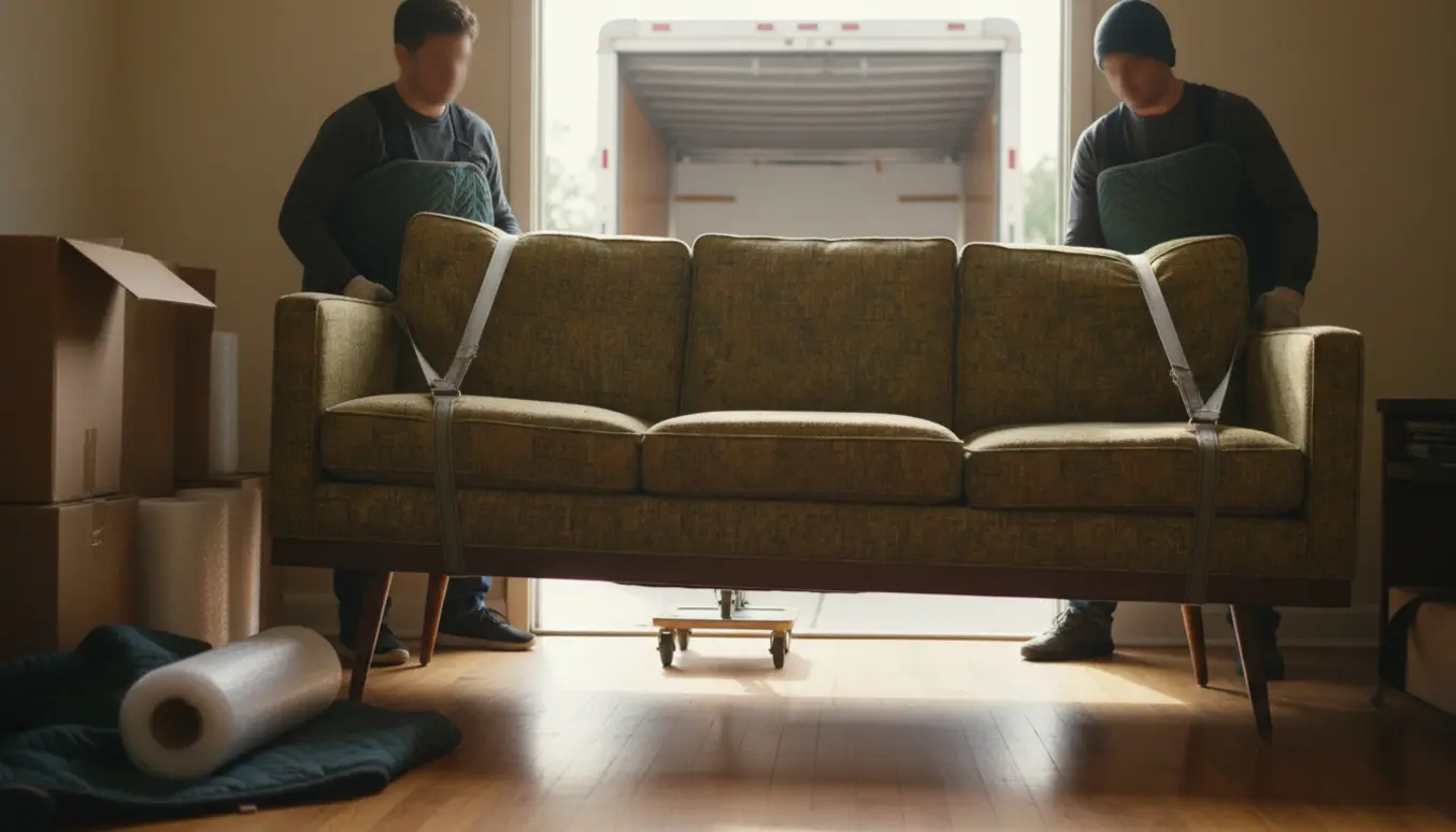 To personer bærer en polstret sofa gennem en lys lejlighedsdør med flyttekasser og tæpper omkring.