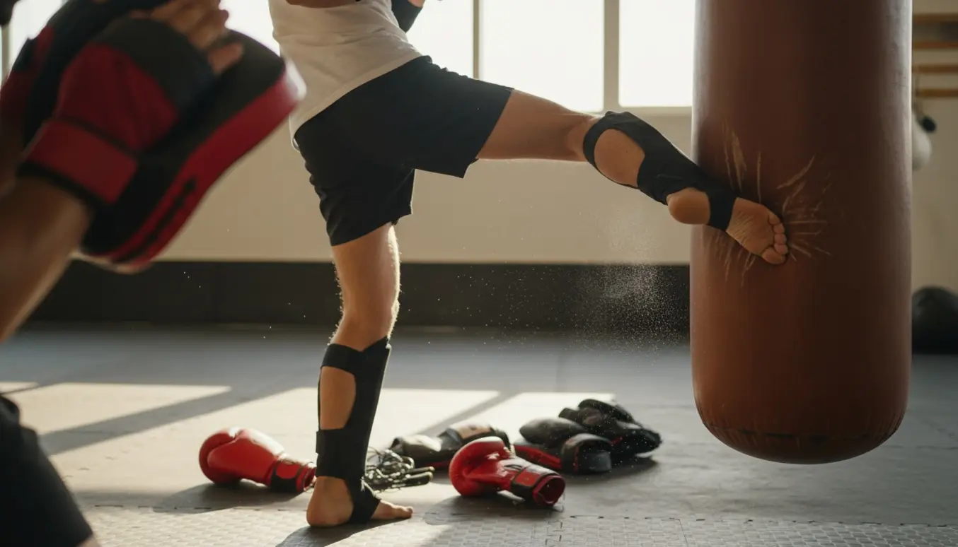Nærbillede af kickboksningstræning med et spark mod en hængende boksesæk i et lyst træningslokale.
