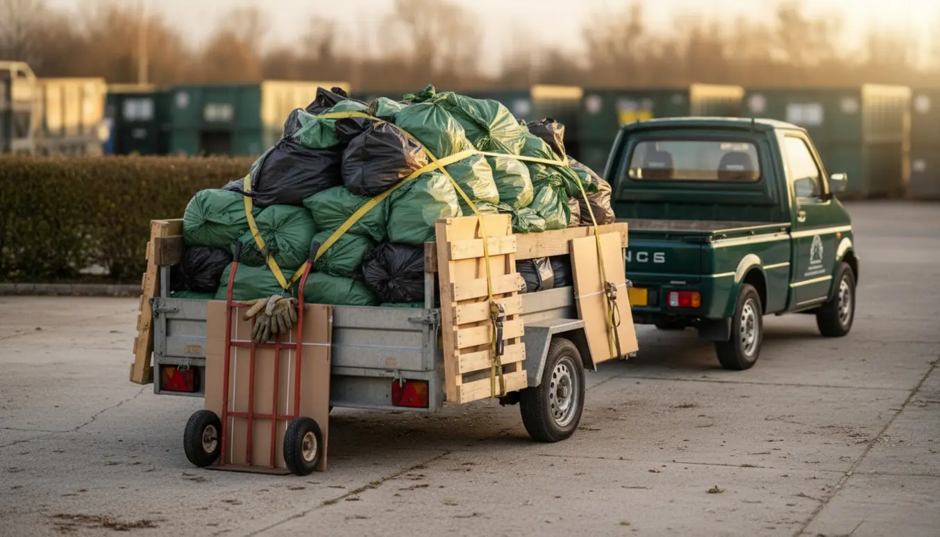 En trailer fyldt med ca. 25 sække haveaffald, pap og to paller klar ved en genbrugsplads.