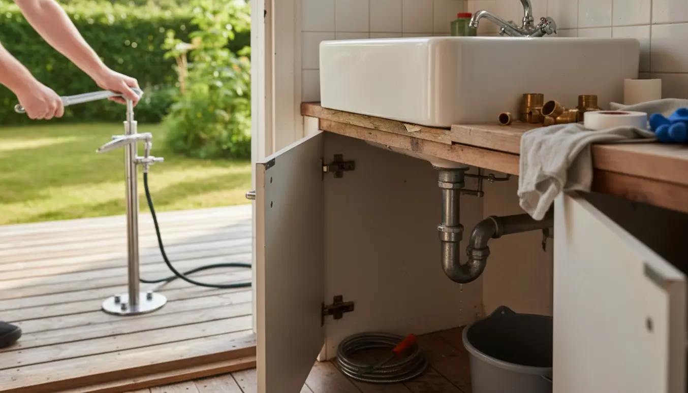 Nærbillede af VVS-arbejde i et sommerhus: hænder reparerer køkkenafløb indendørs og tilslutter en udendørs bruser.