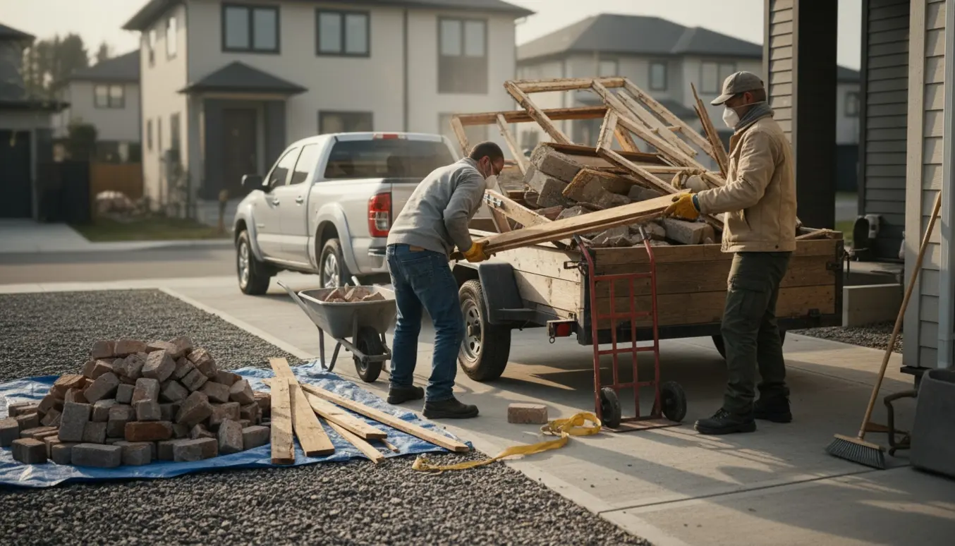 Hjælpere læsser murbrokker og gamle brædder på en trailer foran et hus, ansigter ikke synlige.