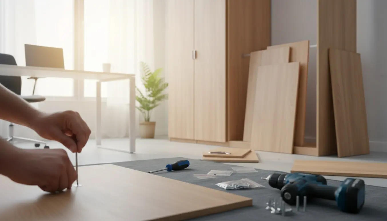 Nogen samle et stort fladt pakket skab i et lyst kontor, med værktøj og dele spredt ud.