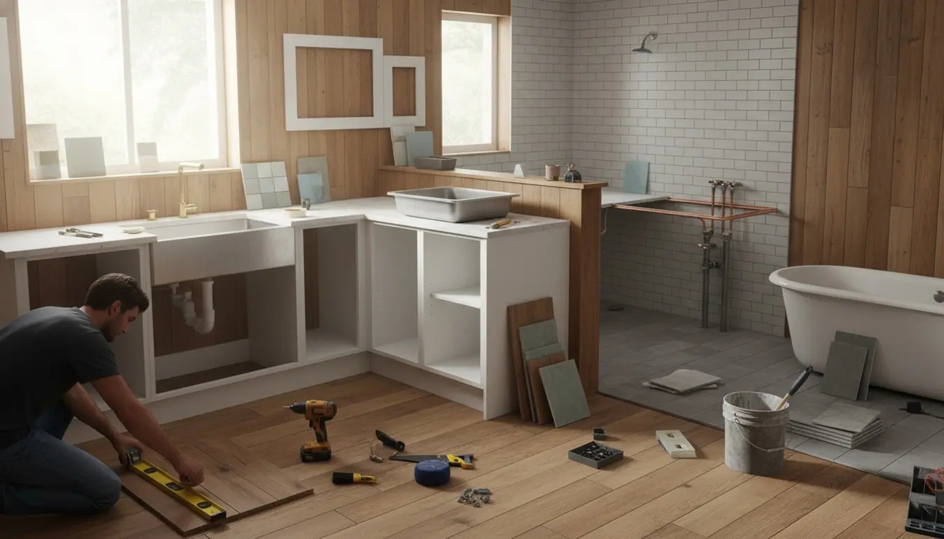 Partielt renoveret træbeklædt rum med køkkenniche og badeværelse under opbygning og håndværktøj.