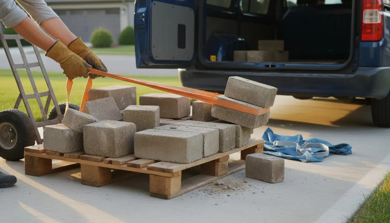 Handsker-klædte hænder læsser betonsten fra en palle ind i en åben varevogn på en indkørsel.