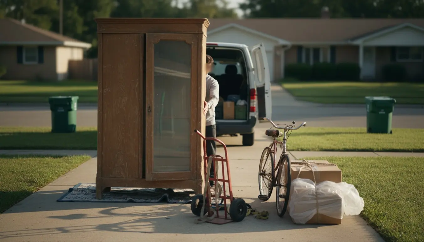 Storskrald på indkørsel med garderobeskab med glasdør, cykel og bundter af pap og plast klar til afhentning.