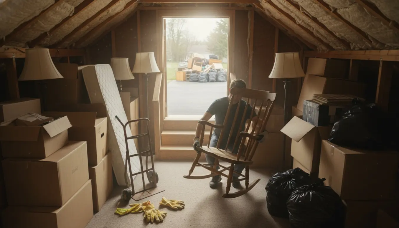 Åbent loftrum med stabler af møbler og en person, der bærer en stol ned ad en stige.