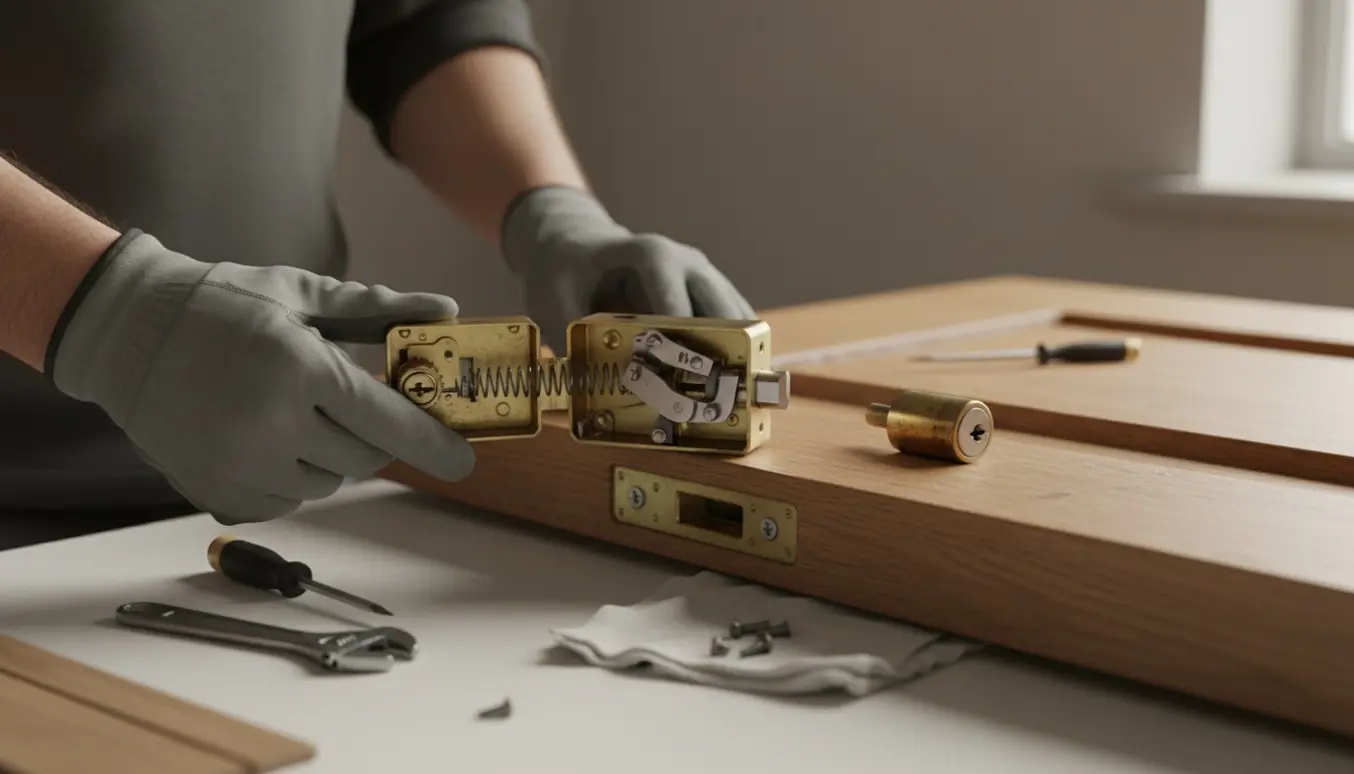 Nærbillede af en åben dørlås med brudt indre mekanik og udskiftningsdele på et træbord.