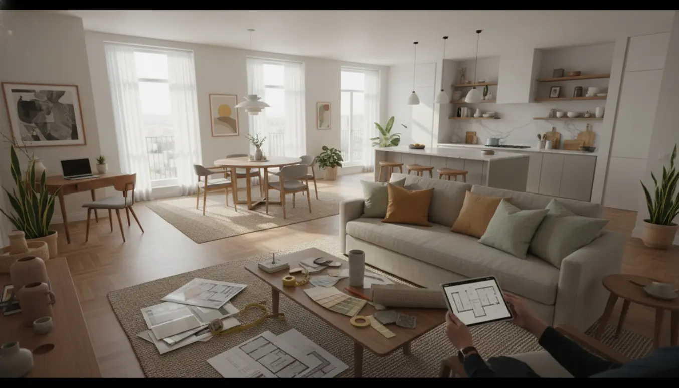 Åben plan med stue, køkken, spiseplads og kontorhjørne, hænder holder tablet og indretningsprøver.