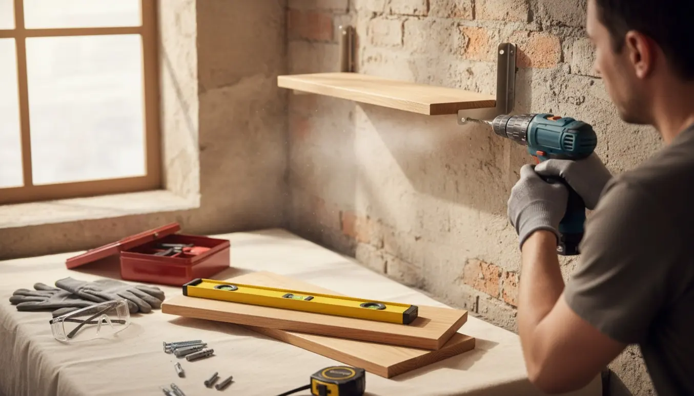 Hænder monterer et lille væghængt reolsystem på en betonvæg med boremaskine, vægankre og vaterpas.