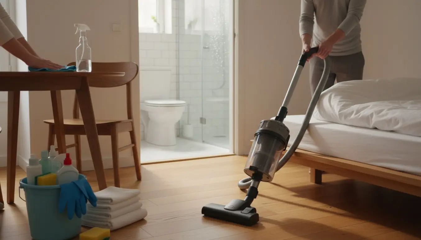 Lejlighed under rengøring med støvsuger, friskt sengetøj, klud på bordet og et skinnende badeværelse i baggrunden.