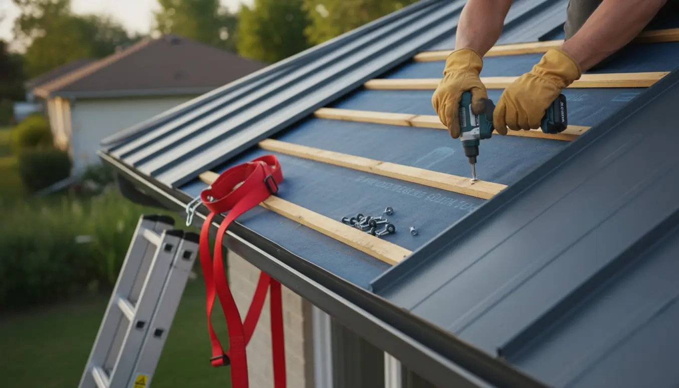 Nærbillede af hænder, der efterspænder skruer på et ståltag med en momentstyret skruemaskine.
