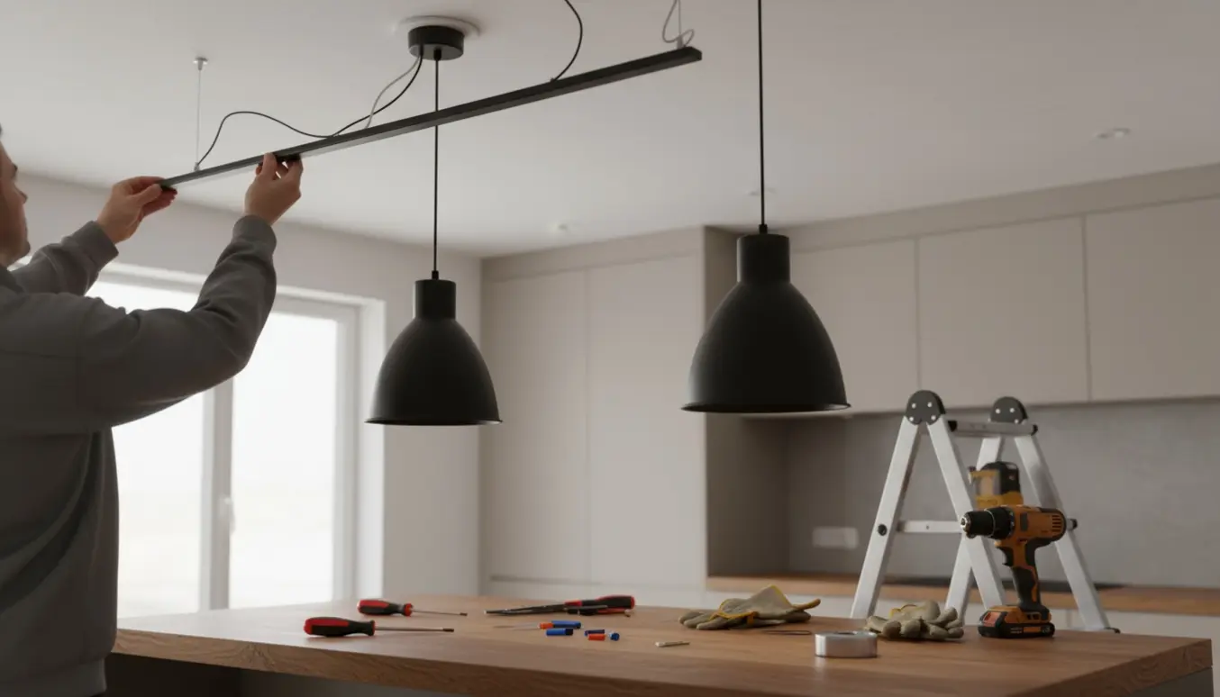 To pendellamper over en køkkenø, en elektriker forbinder en strømskinne til et enkelt loftudtag.