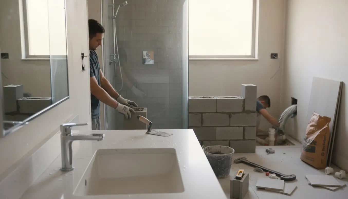 Delvist renoveret badeværelse med kromhane, bruser, murerarbejde til skillevæg og installation af kloak og ventilation.