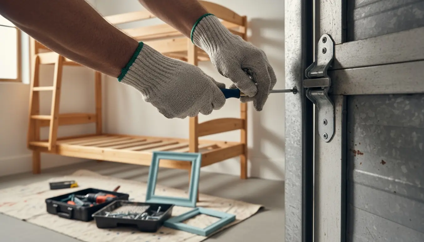 Hænder fra en handyman justerer en garagelås med værktøj, mens en delvist samlet køjeseng og nymalede rammer ses i baggrunden.