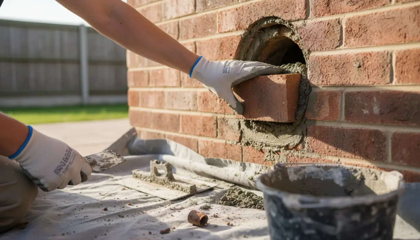 Nærbillede af handskerede hænder, der murer og pudser et hul i en mur efter fjernet gasfyr.