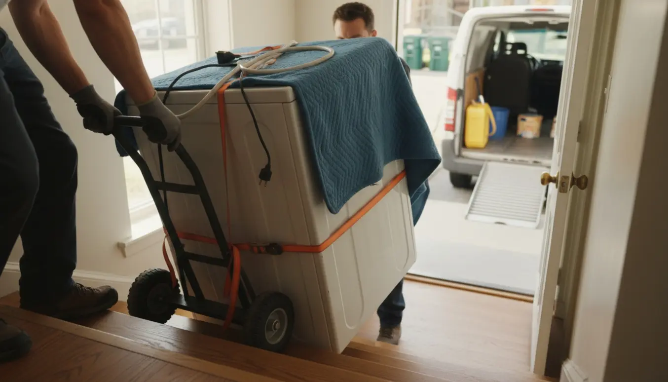 Vaskemaskine på sækkevogn bliver båret ned ad trappe fra en lejlighed på anden sal mod en åben varevogn.