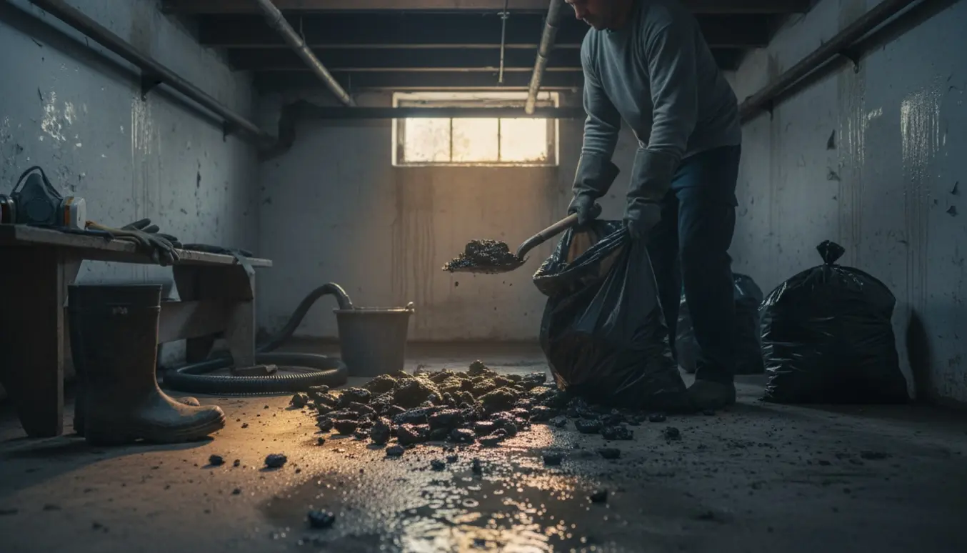 Vådt koks i en lav, fugtig kælder under fjernelse med skovl og affaldssæk.