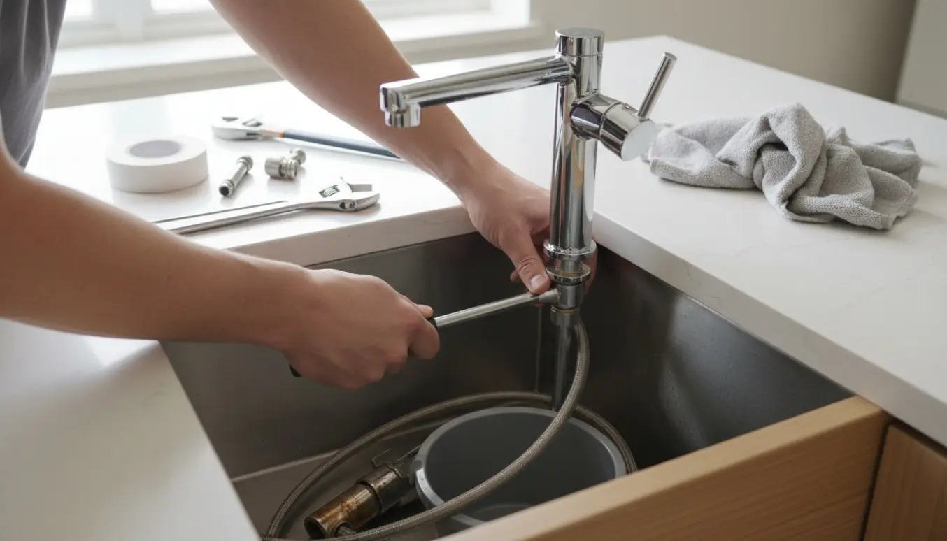 Nærbillede af hænder, der monterer et nyt krom køkkenarmatur over en rustfri stålvask med værktøj og åbent underskab.