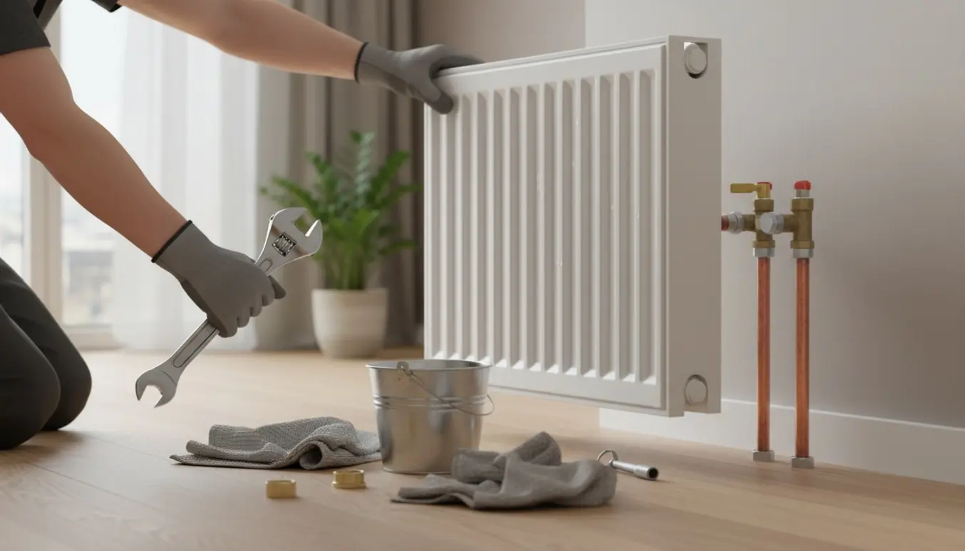 En tekniker fjerner en moderne 40x60 cm radiator fra væggen med værktøj og spand på gulvet.