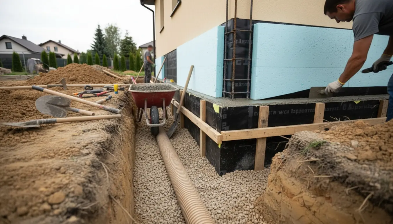 Sokkelarbejde ved et parcelhus med isolering, dræn og håndværkere i arbejde.