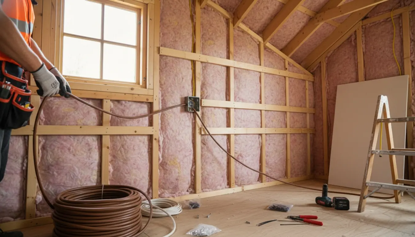 En håndværker trækker elkabler i et kolonihavehus med blottede spær og isolering.