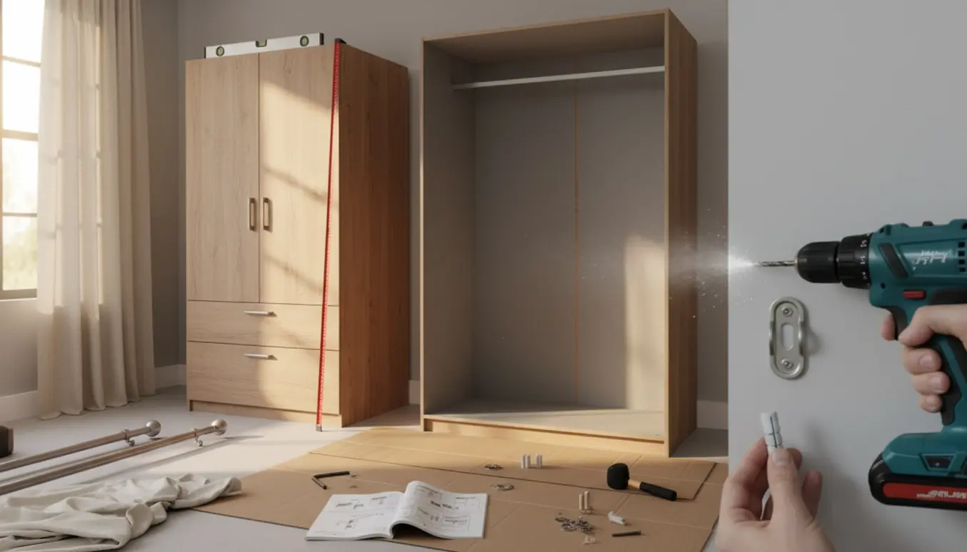 Tæt foto af to egetræsmønstrede skabe under samling med værktøj, og en person, der borer hul i væggen til en gardinstang.