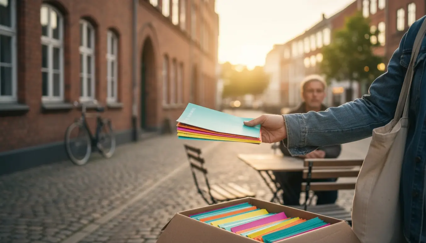 Hænder afleverer en A5-flyer i Randers centrum foran historiske bygninger.