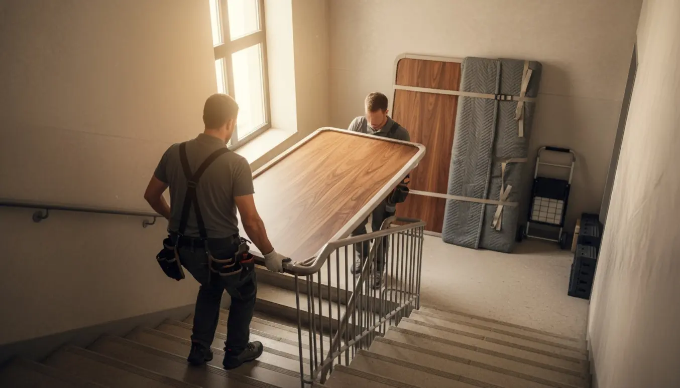 To flyttemænd bærer en tung bordplade op ad en opgang, mens to indpakkede bordplader står på reposen.