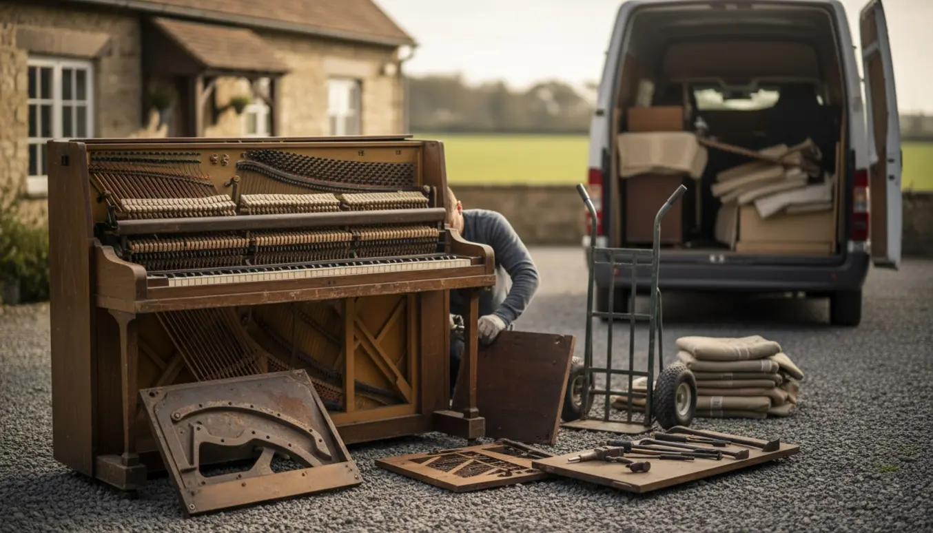 Delvist adskilt klaver på indkørsel med værktøj og flyttevogn klar til afhentning.
