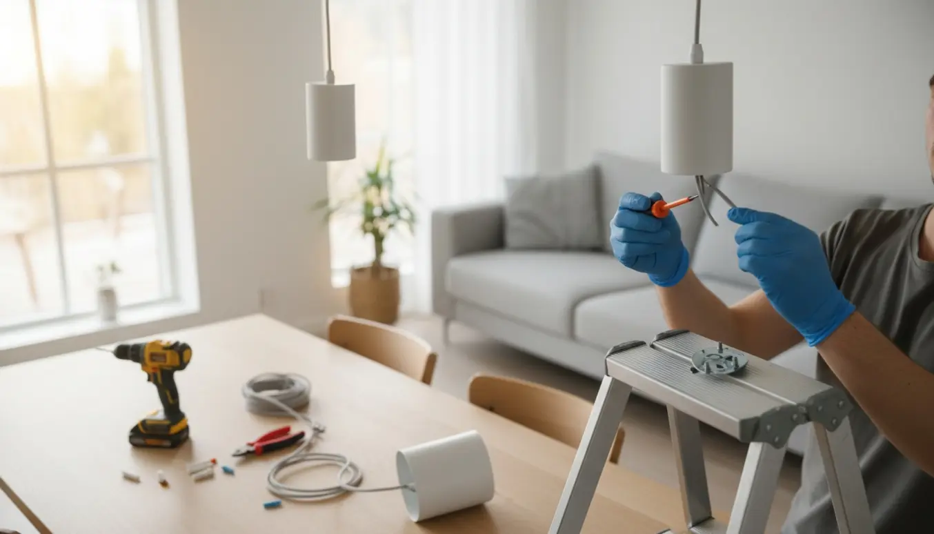 To loftslamper hænges op over et spisebord, en person arbejder med ledninger fra en stige.