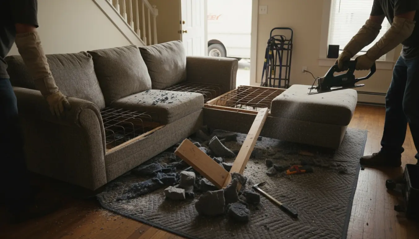 To personer flækker en 4-personers sofa med chaiselong i en lille lejlighed for at få den ud gennem en smal dør.