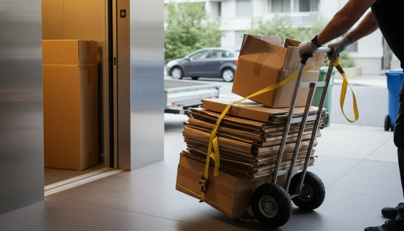 Sækkevogn med sammenfoldet pap ved en åben elevator klar til at blive læsset på en trailer.