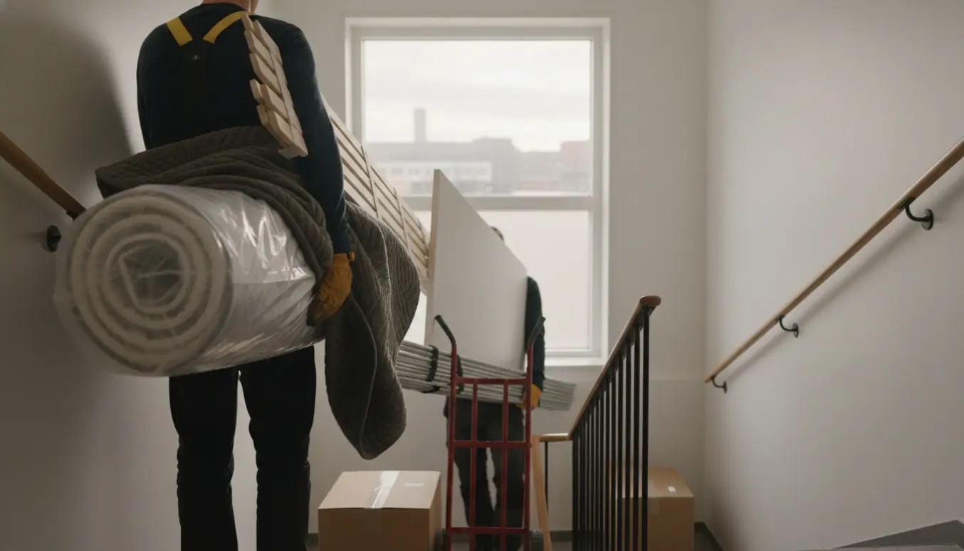 To flyttemænd bærer en adskilt enkeltseng op ad en lys, snæver trappe i en skandinavisk opgang.