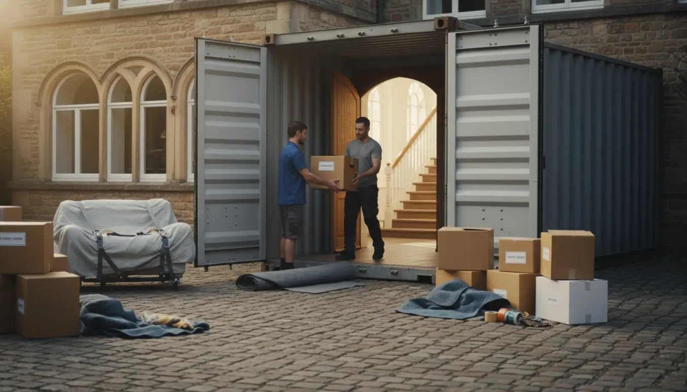 To flyttemænd flytter kasser og møbler fra en åben 20‑fods container ind i huset, med flyttetæpper og håndtruck ved indgangen.