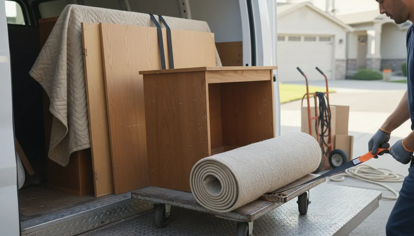 To adskilte skabe, et lille skrivebord og et rullet tæppe læsses ind i en varevogn til genbrug.