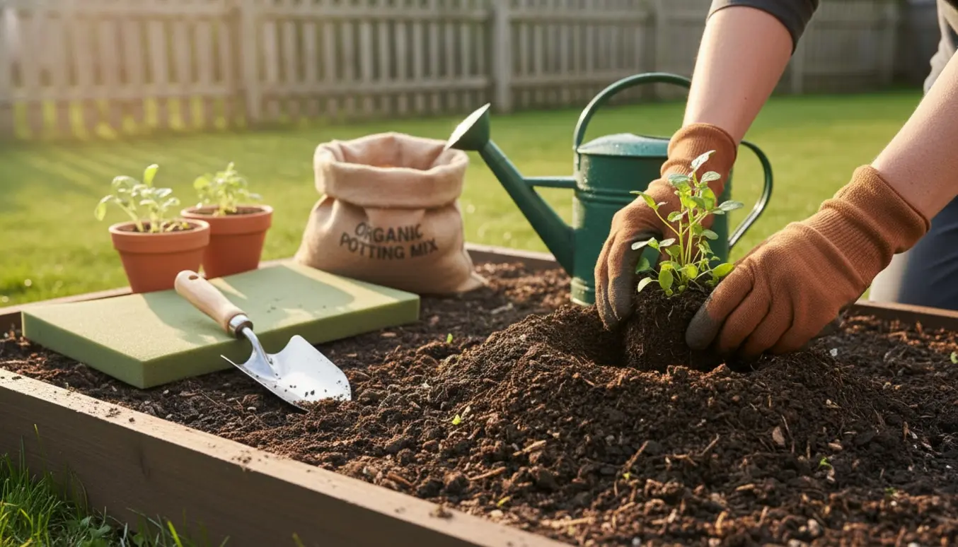 Nærbillede af hænder, der planter en ungeplante i en nyslået havebed med haveredskaber omkring.