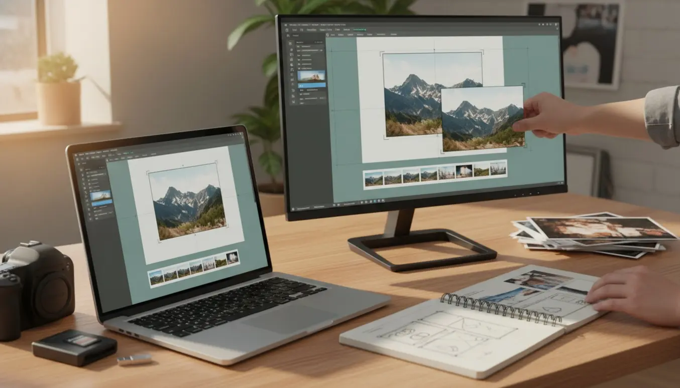 Hænder trækker et foto ind i en foruddefineret billedramme på en bærbar skærm, omgivet af kameraudstyr og udskrevne sider.