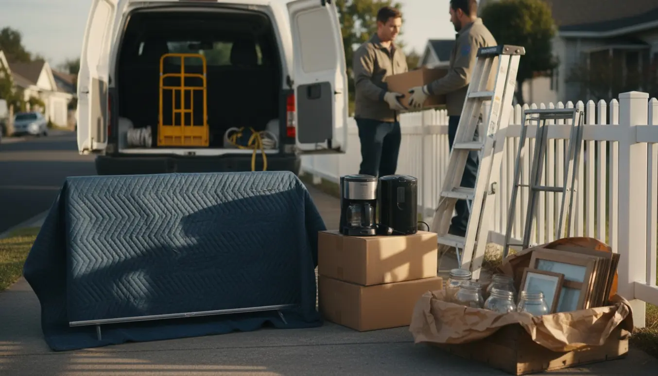 Bortskaffelse af stort affald ved indkørslen med fjernsyn, kaffemaskiner, glas og stige klar til afhentning.