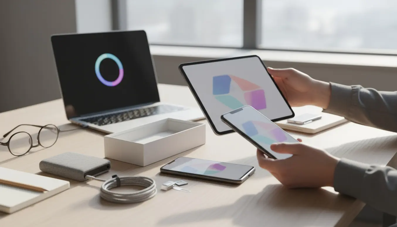 Hænder opsætter en ny smartphone og iPad på et lyst skrivebord med kabler, gammel telefon og SIM‑værktøj ved siden af.