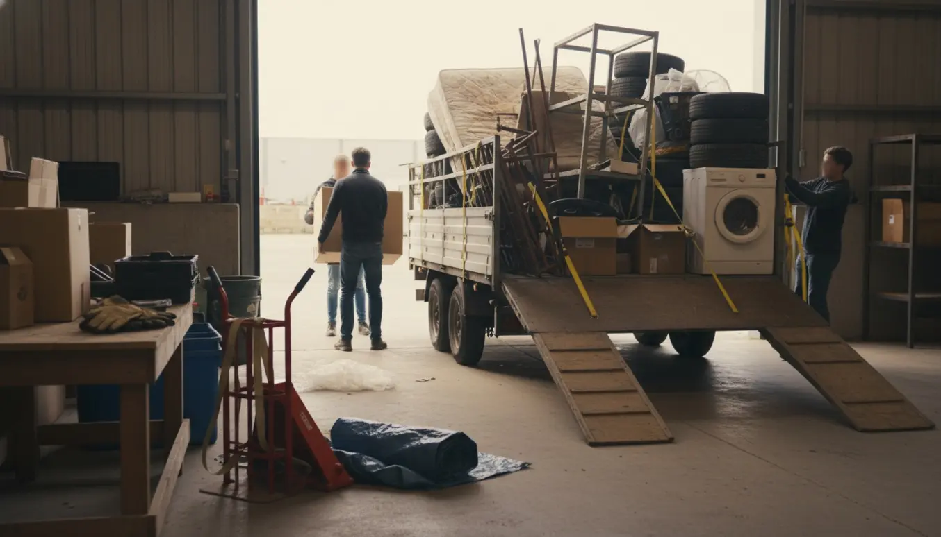 Store og små genstande fra en stålhal læsses i en stor trailer klar til genbrugspladsen.