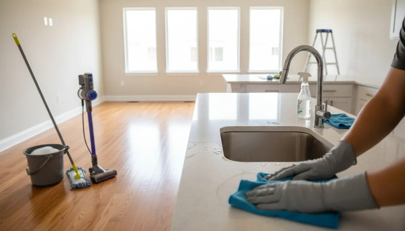 Tomt, nyrengjort hus med rengøringsudstyr og sollys gennem rene vinduer.