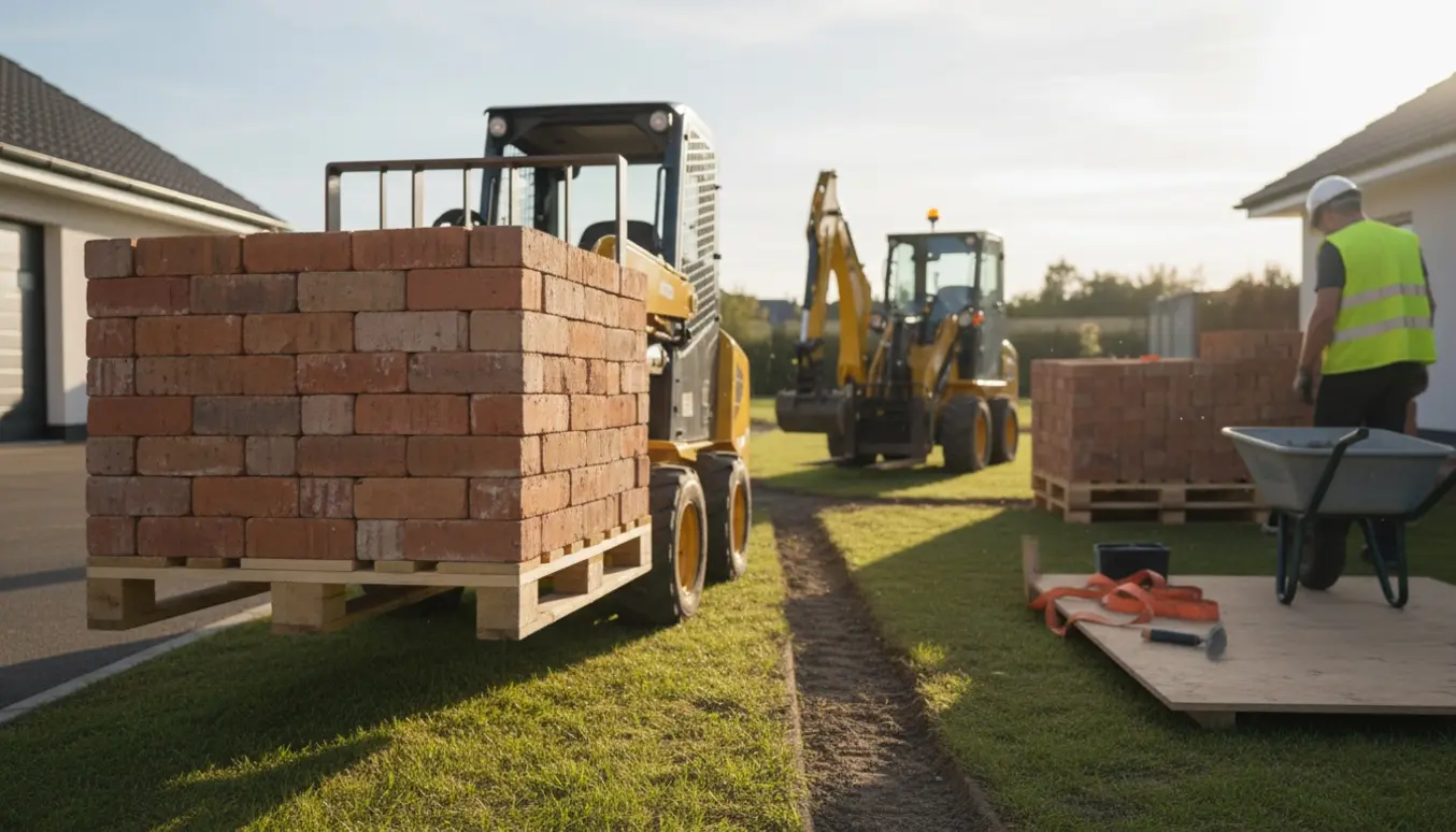 Mini-læsser løfter en palle tegl i forhaven ved en tilbygningsplads.