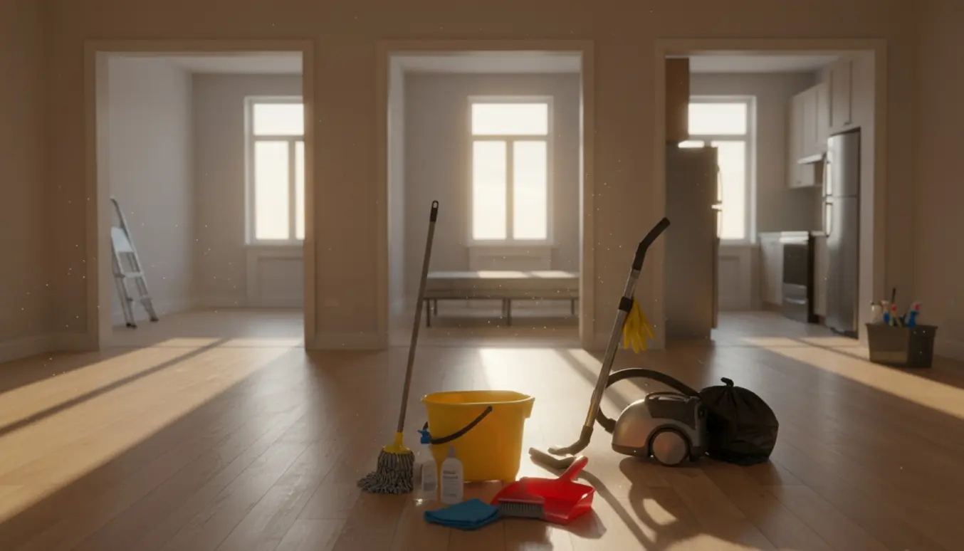 Rengøringsudstyr i forgrunden i en solbelyst, tom treværelses lejlighed under rengøring.