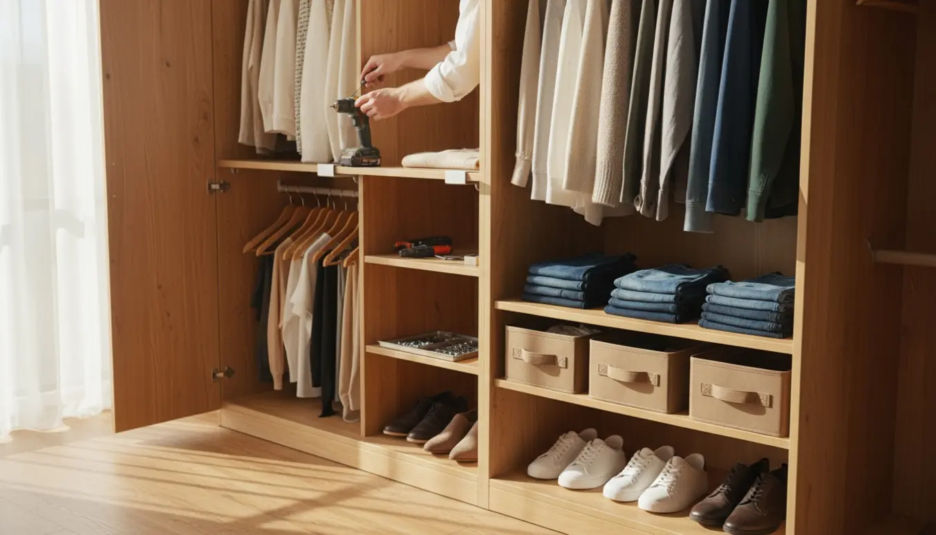 Åbent garderobeskab i et lyst soveværelse, hænder organiserer hylder og tøj.