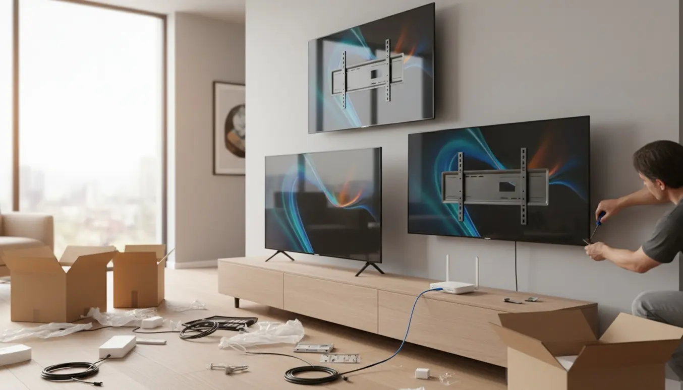 Tre nye smart-tv opsættes i en lys, moderne stue, hvor kabler forbindes til routeren.