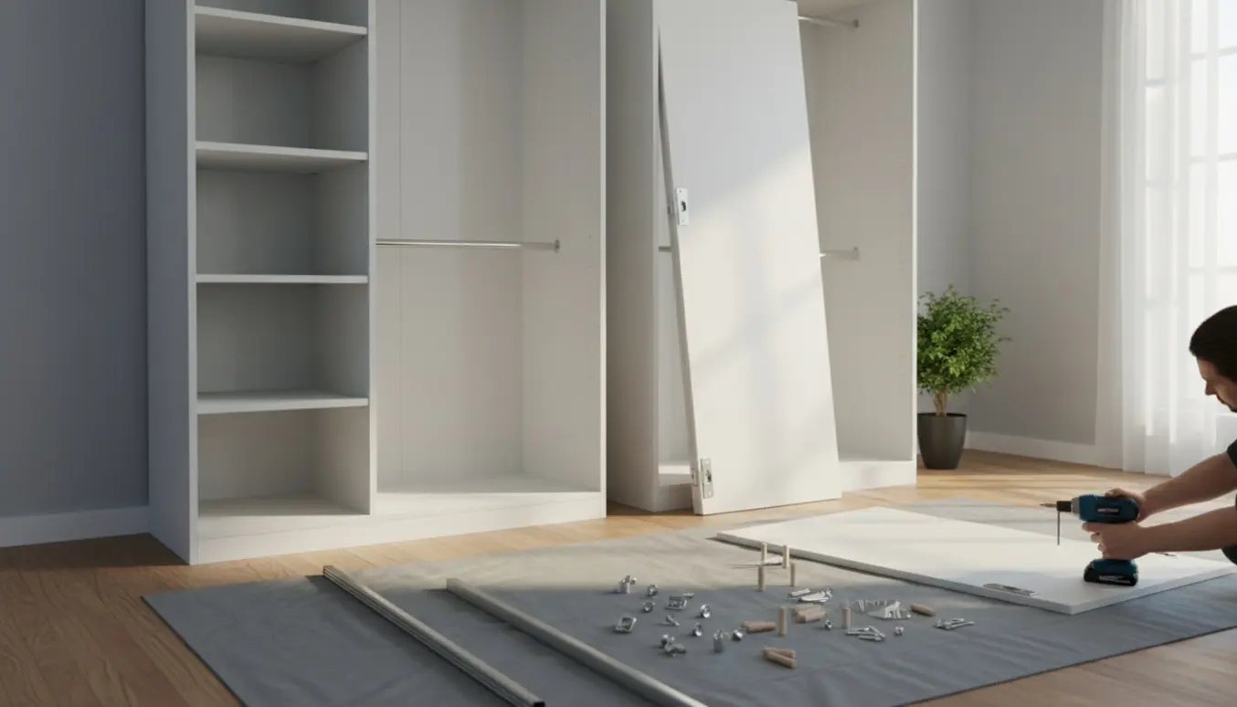 Delvist samlede hvide garderobeskabe med værktøj og hænder i et lyst soveværelse.