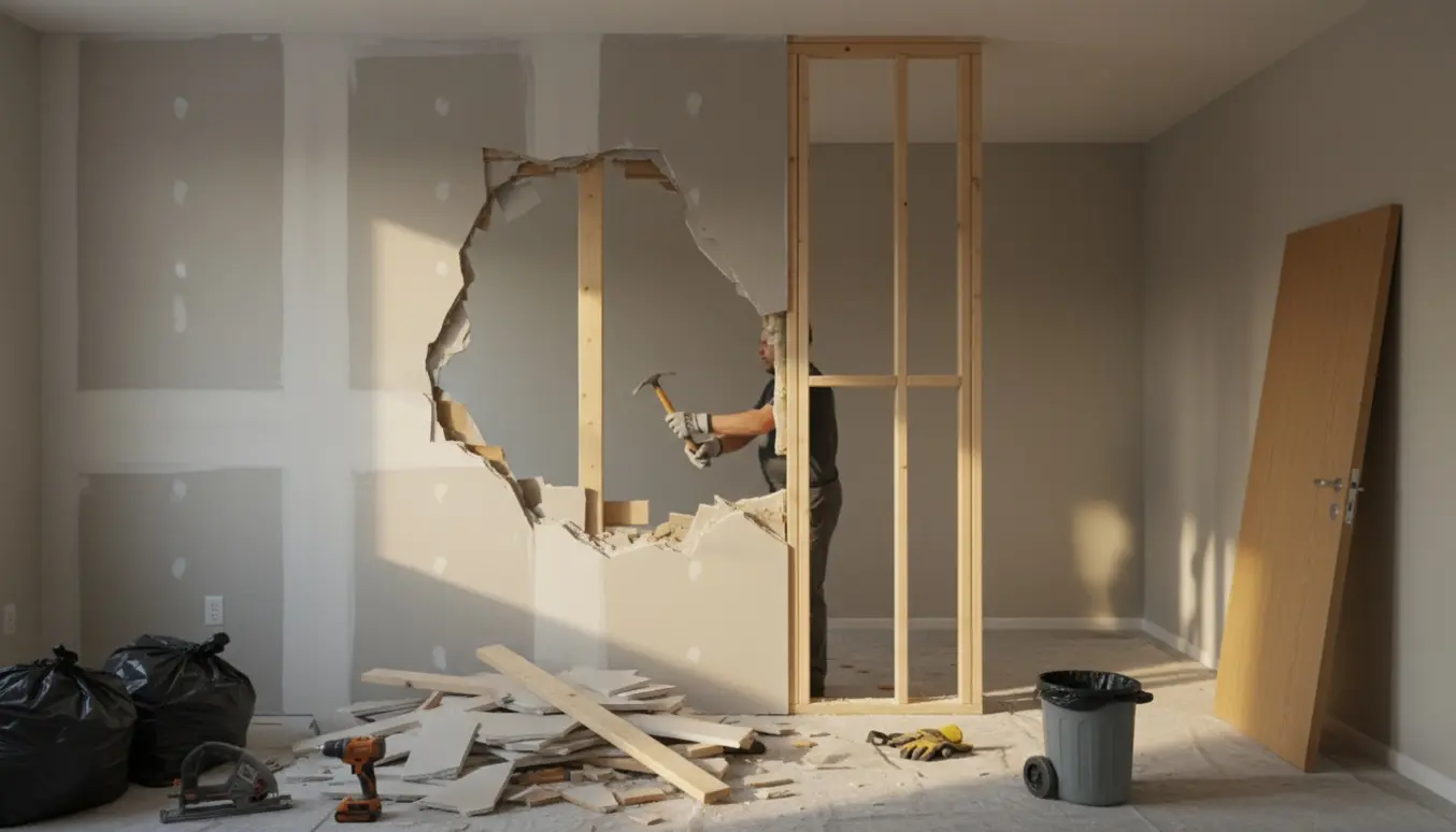 Delvist nedrevet gipsvæg i lejlighed med blottet træskelet, fjernet dør og stak gipsaffald klar til bortskaffelse.